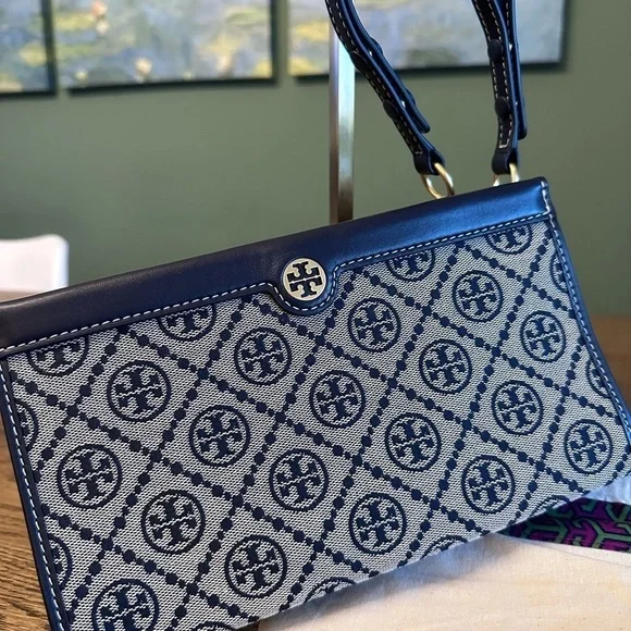 NWT! NEW! Tory Burch T Monogram Jacquard Mini Pouchette Navy 2 in 1 Shoulder Bag - Picture 8 of 16